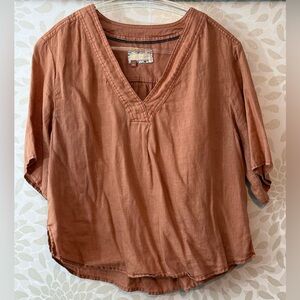 Pilcro Anthropologie Women’s S Coral LINEN Boxy Short Sleeve V Neck Top Blouse